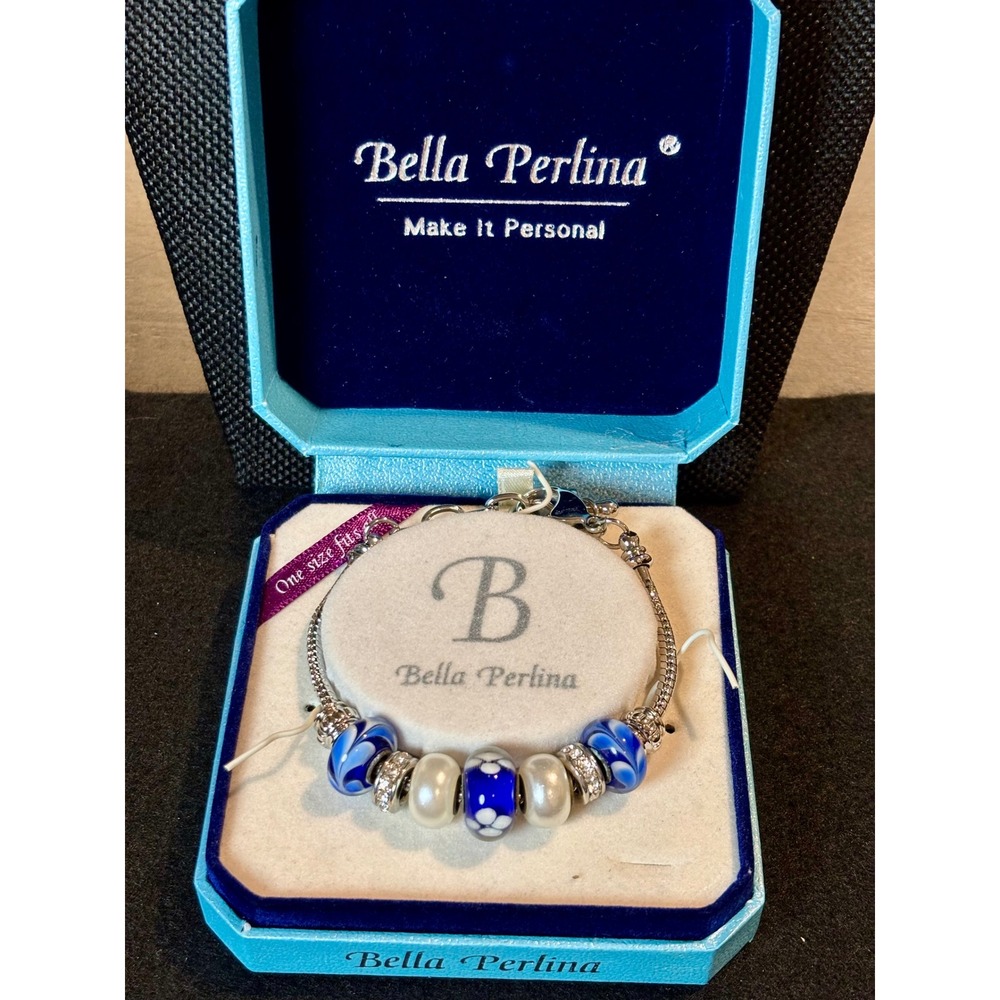 Bella Perlina Charm Bracelet Blue White Glass Beads Pearls Silver Tone BP 10001B